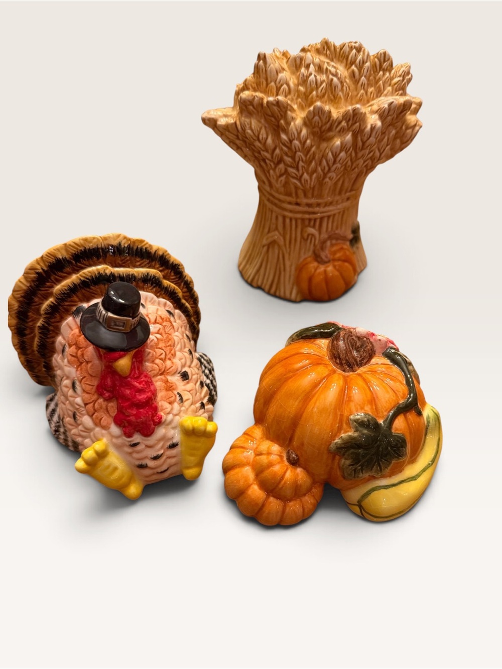 Fitz and Floyd Thanksgiving Figurine Trio - Turkey, Pumpkins, Wheat 2005 vintage